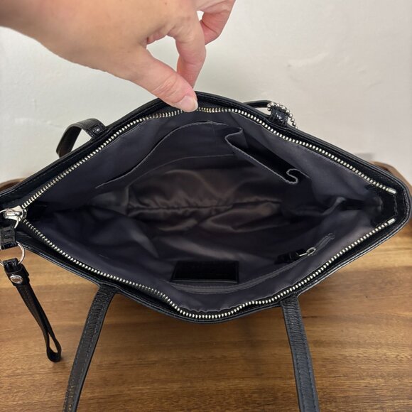 Coach Black Sateen Signature C Black Patent Leather Trim Studded Tote - Picture 8 of 10